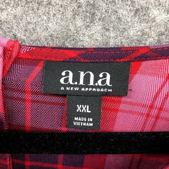 A.N.A. Boho Top Womens XXL Pink Plaid Rayon Wide Sleeve Tiered Peplum Button - Picture 9 of 9